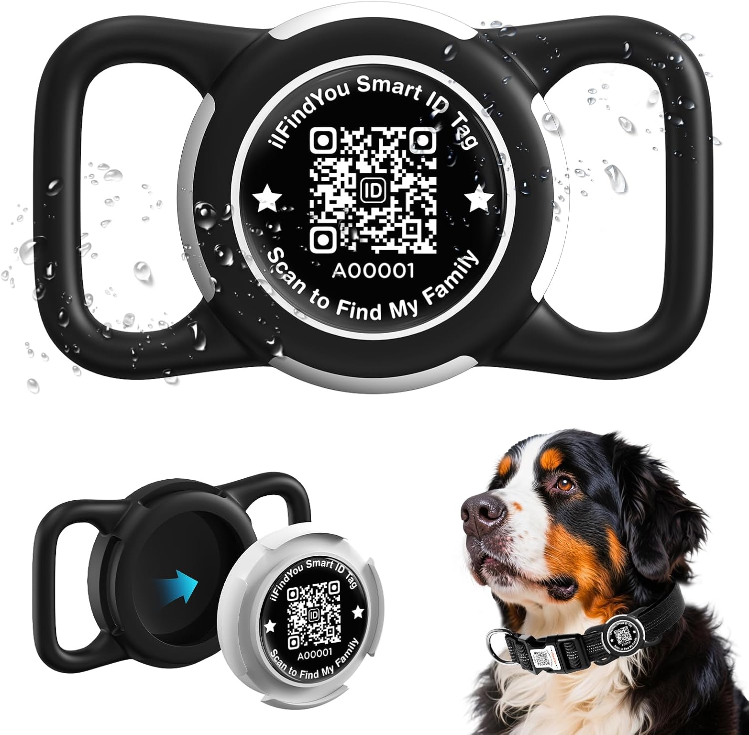 ILFINDYOU waterproof airtag dog collar holder front view showing the sleek black finish