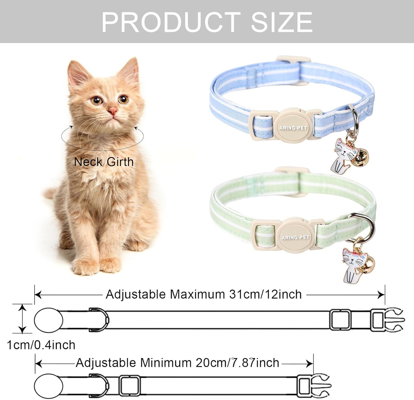 Two pack of blue and green striped feline collars with decorative kitten pendant