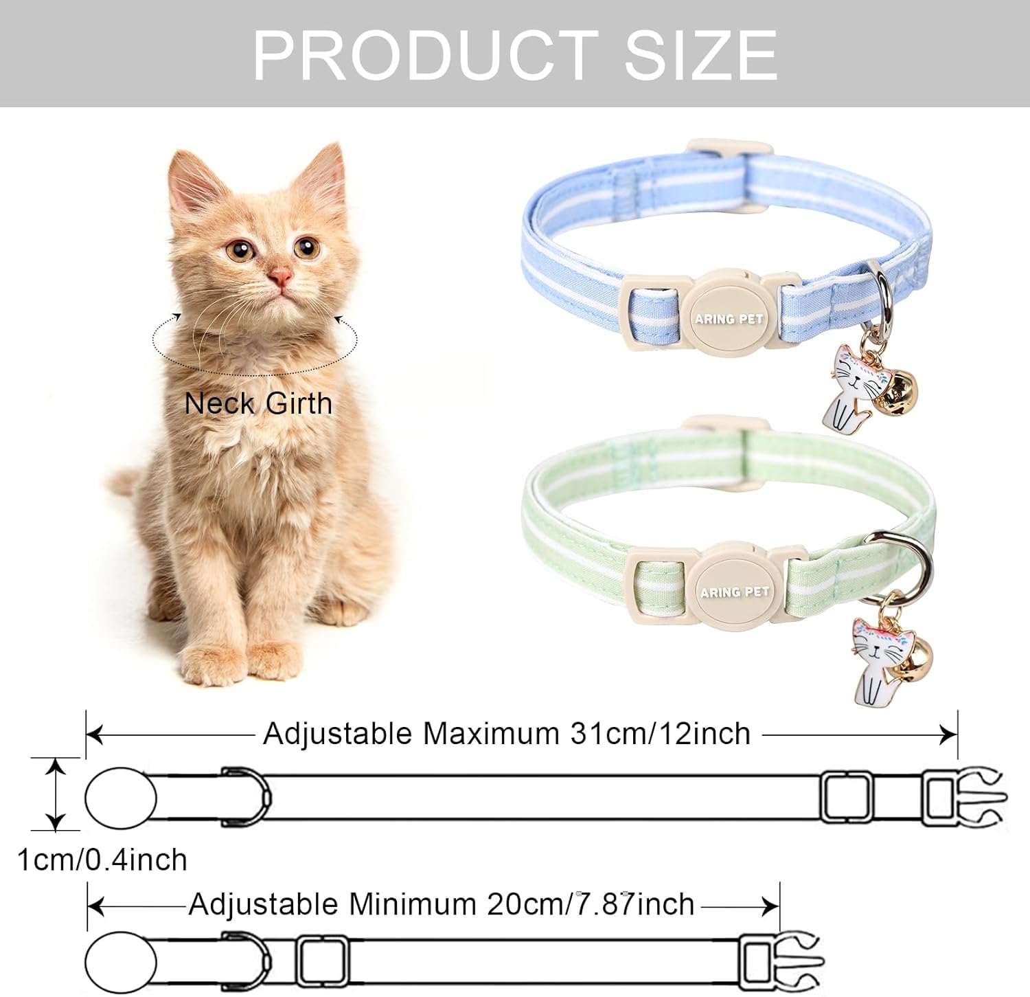 Two pack of blue and green striped feline collars with decorative kitten pendant