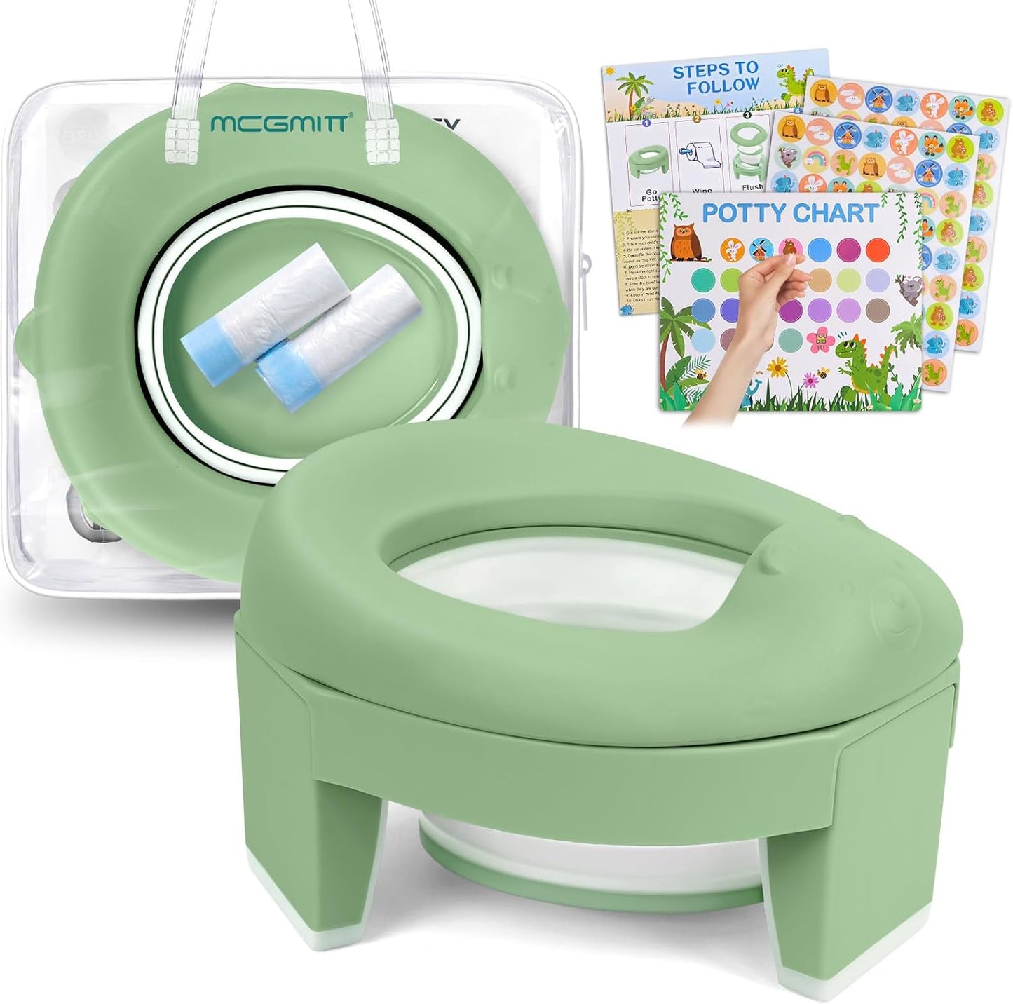 MCGMITT Portable Potty for Kids Travel - Foldable Training Toilet Chair for Toddler Girls with Storage Bags, Potty Training Toilet for Outdoor and Indoor Easy to Clean(Green) - Image 1