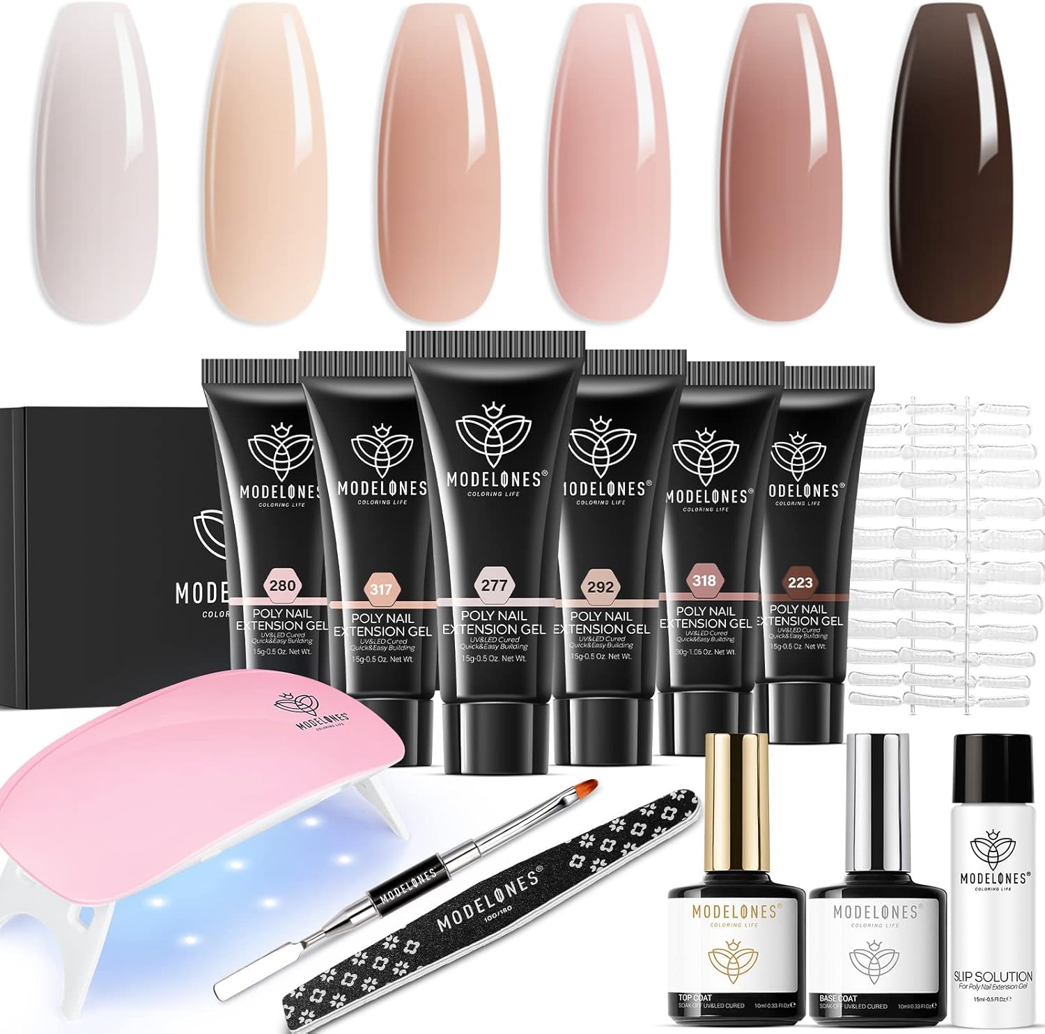 Modelones poly extension gel kit front view with 6 shades
