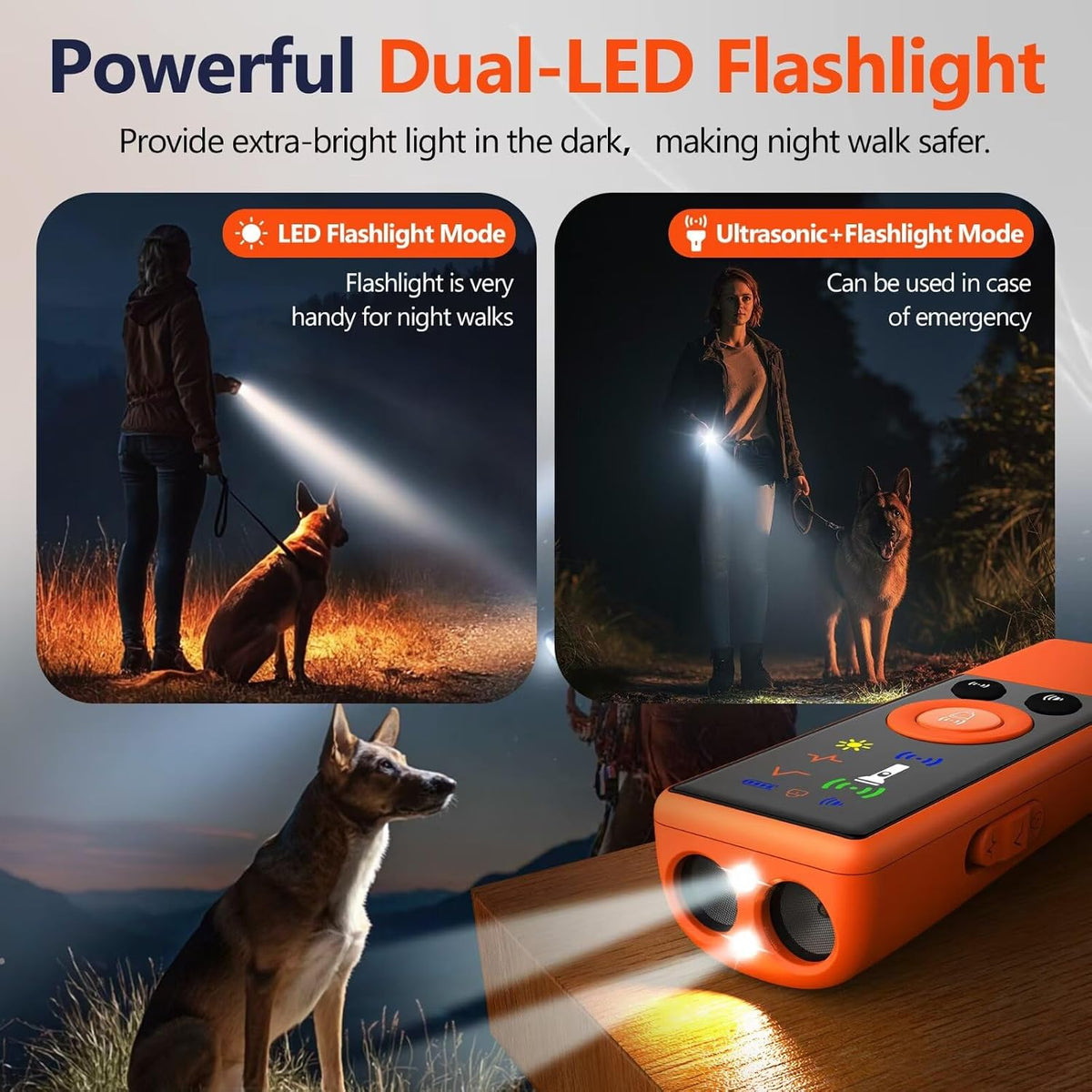 LED light feature on Ralyuni dog training device for night safety