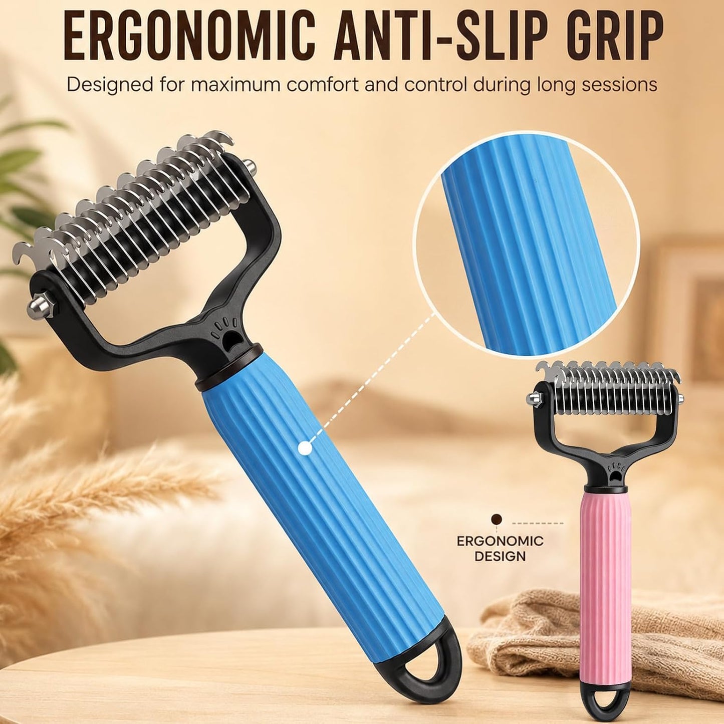 High density side of the professional pet deshedding tool clearing loose undercoat hair.
