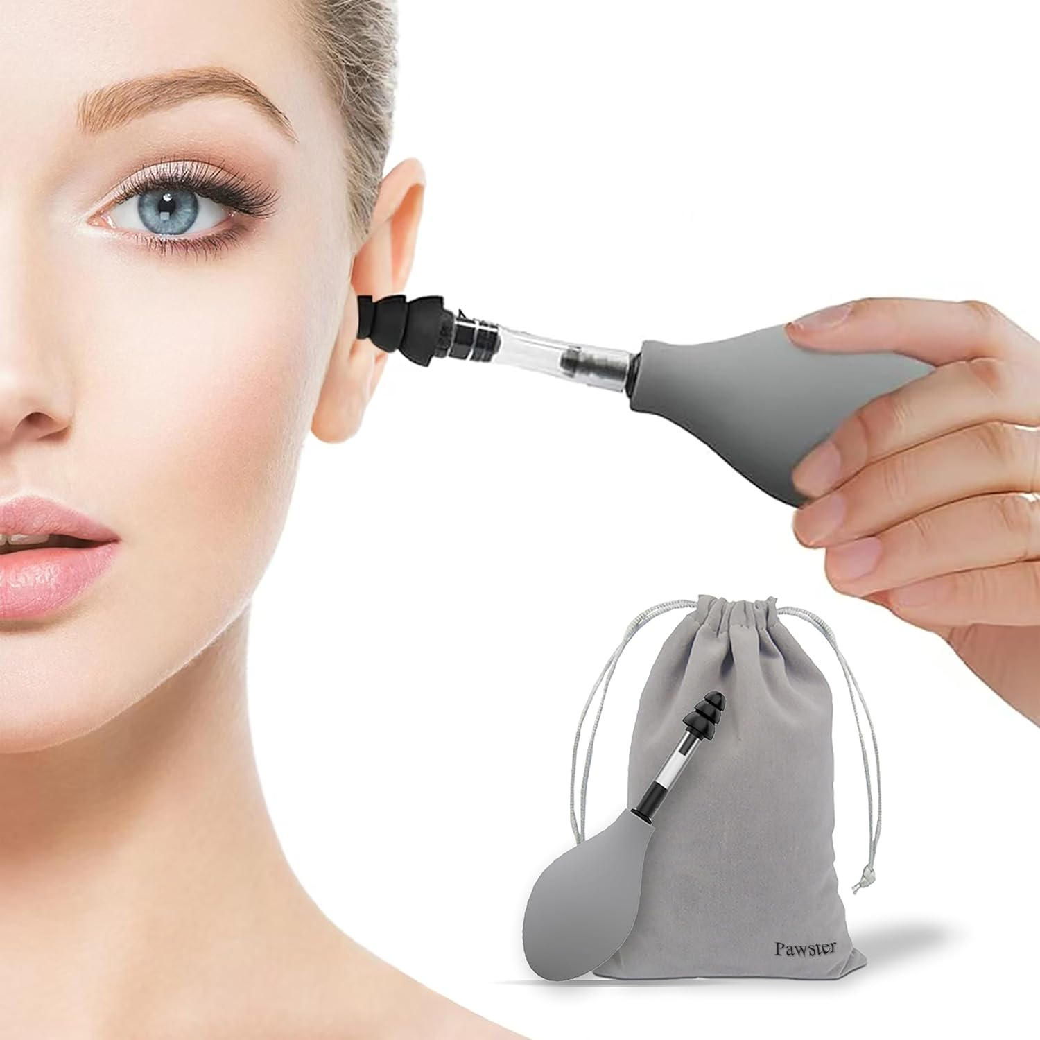 Generic ear pressure relief device in matte grey front view showing the manual bulb design.