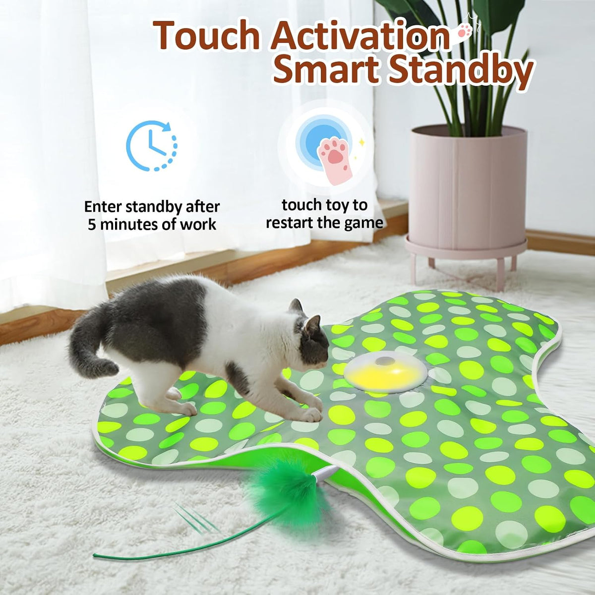 Sofolor electronic moving feather cat toy with type-c usb charging cable attached.
