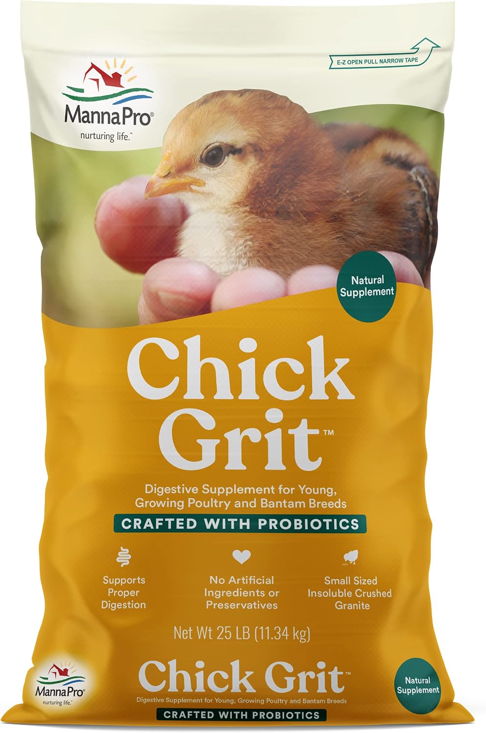 Manna Pro flock care supplement packaging highlighting added probiotics for avian gut health