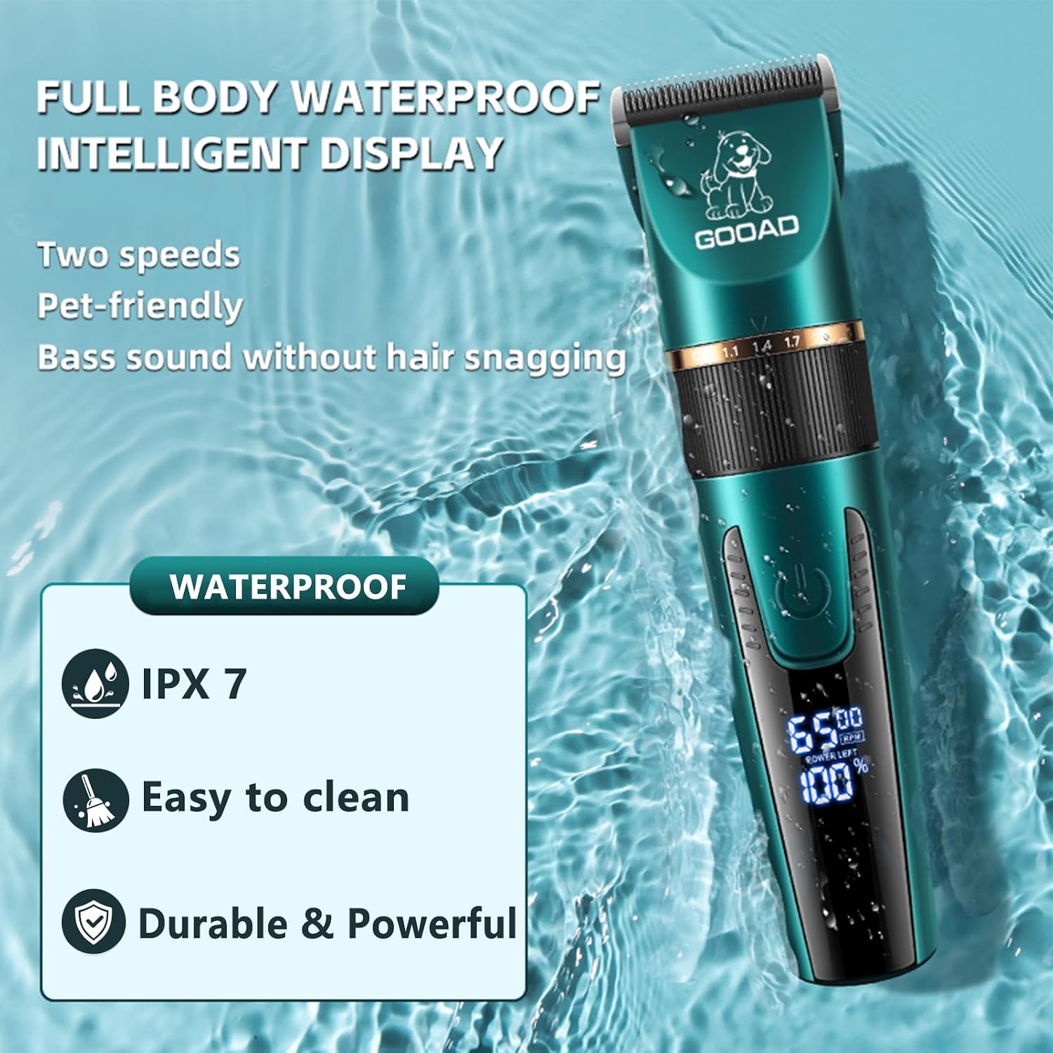 Quiet professional dog and cat grooming trimmer with titanium and ceramic blades close up.