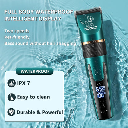 Quiet professional dog and cat grooming trimmer with titanium and ceramic blades close up.