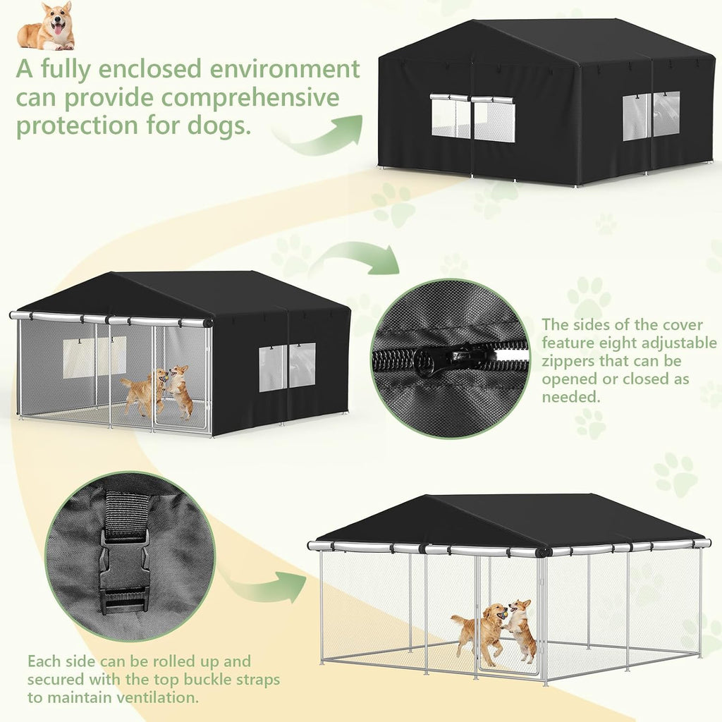 Black 600D oxford fabric dog shelter top view showing secure installation.