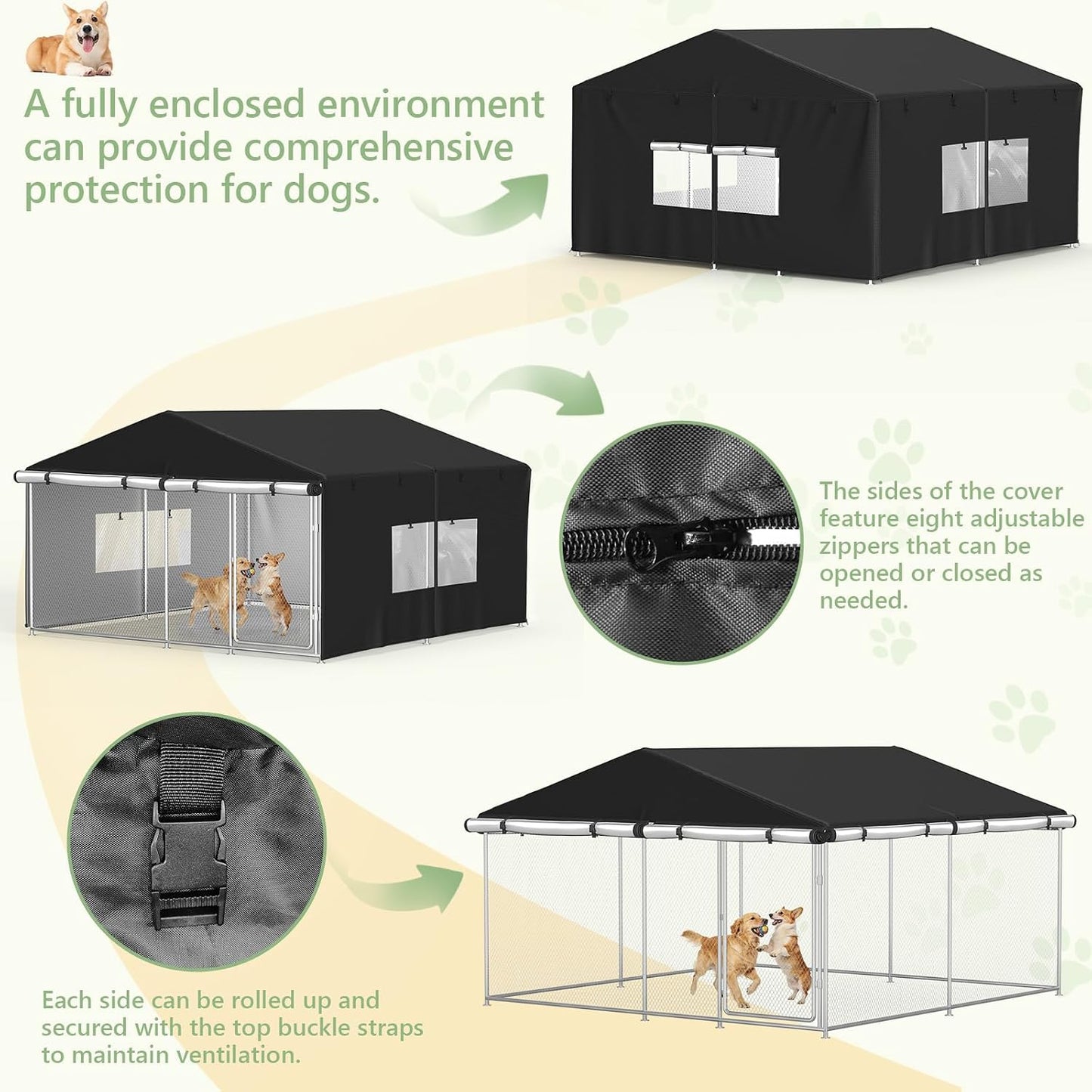 Black 600D oxford fabric dog shelter top view showing secure installation.