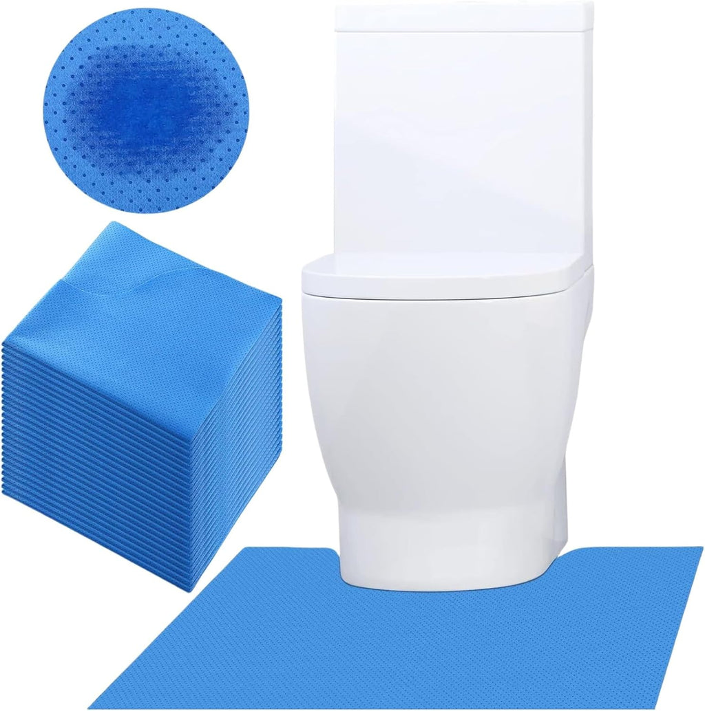 Miumoon disposable toilet mats 25 pack front view showing the blue absorbent surface and U-shaped contour around a commode base.