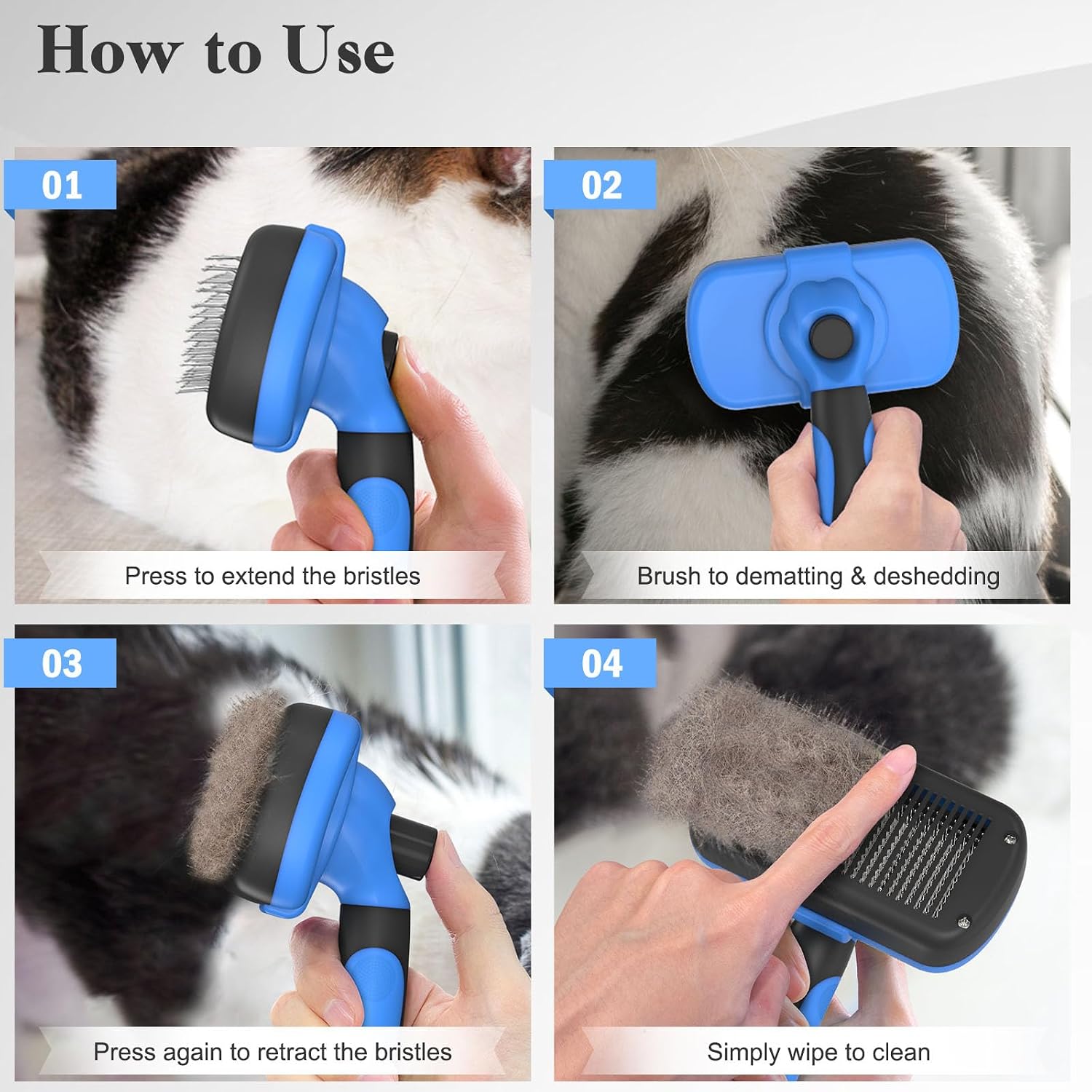 Swihauk self cleaning pet comb removing dander from an indoor cat.