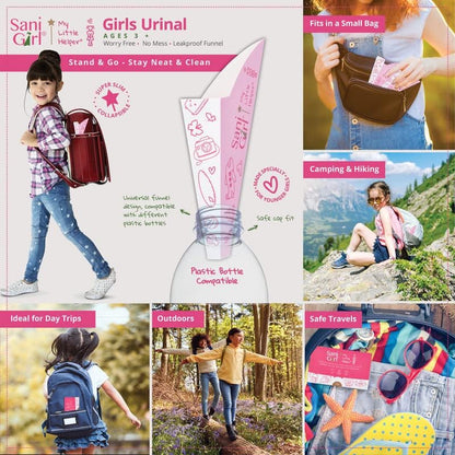 Girl using SaniGirl portable female urination device standing up