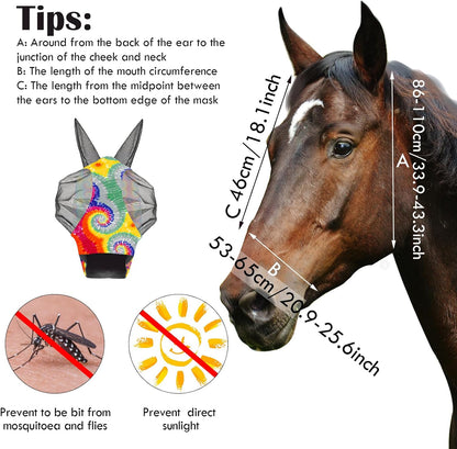 Tie dye pattern horse fly mask showing mesh fabric texture