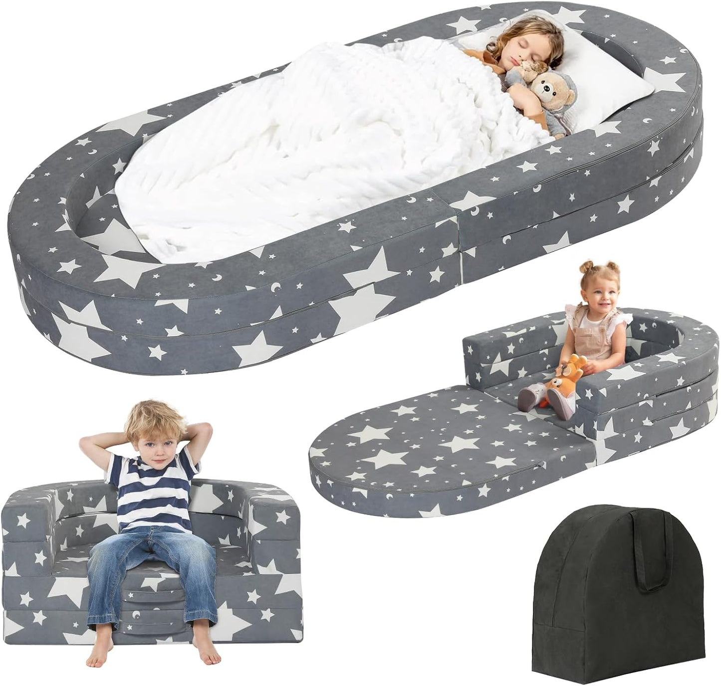 Tykacna travel toddler bed front view configured as an open floor mattress showcasing the grey velvet star pattern.