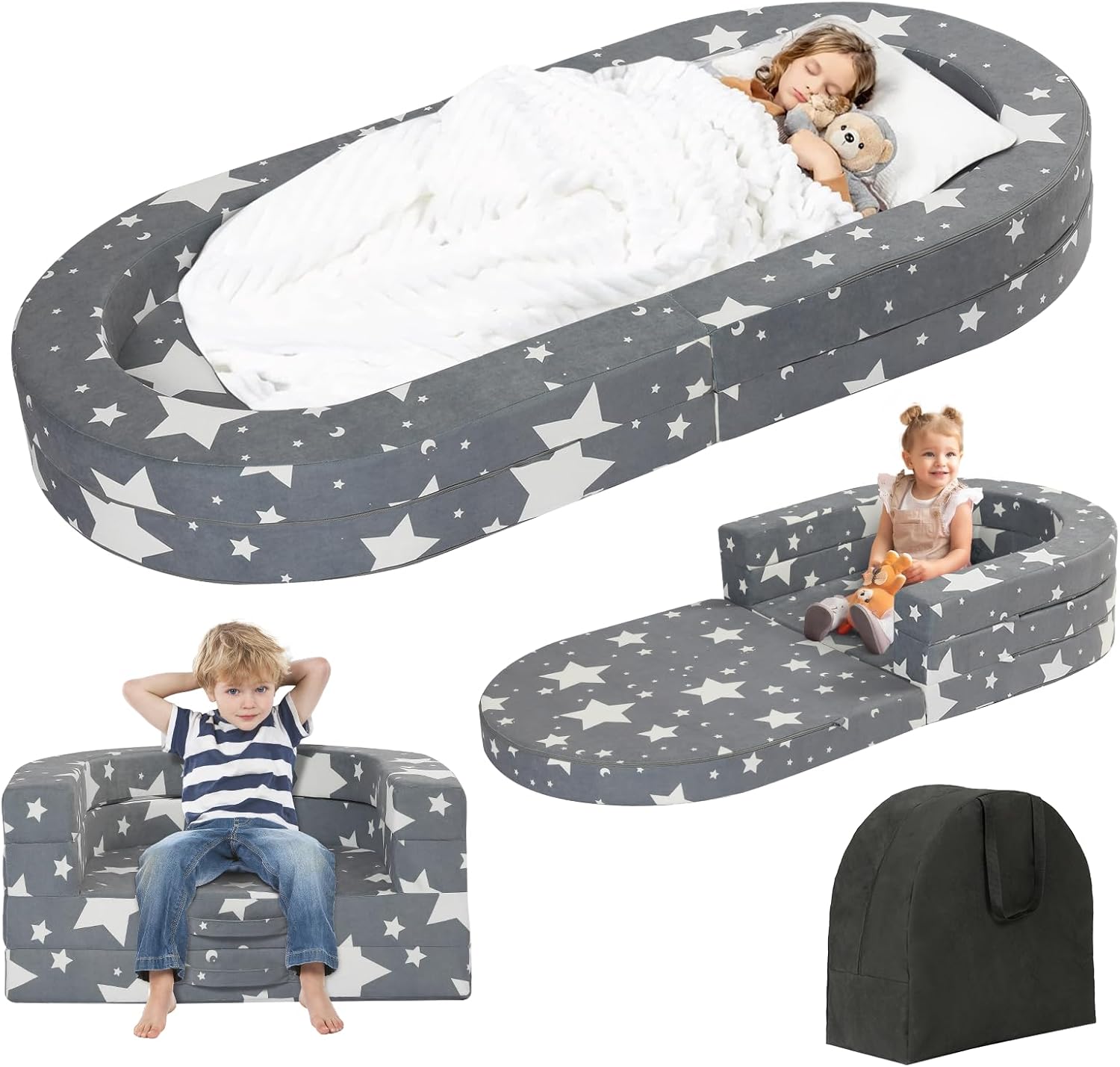 Tykacna travel toddler bed front view configured as an open floor mattress showcasing the grey velvet star pattern.