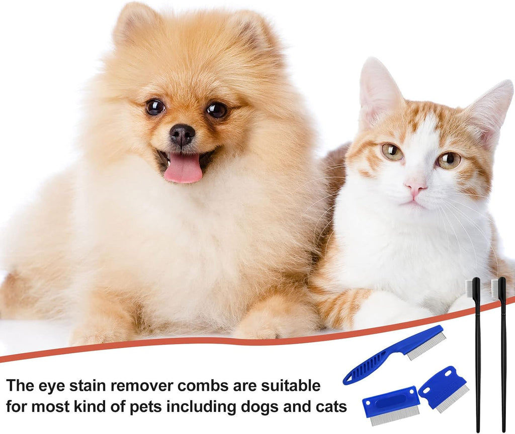 Blue and black Boao dog comb set highlighting the safe round end teeth for sensitive eye areas