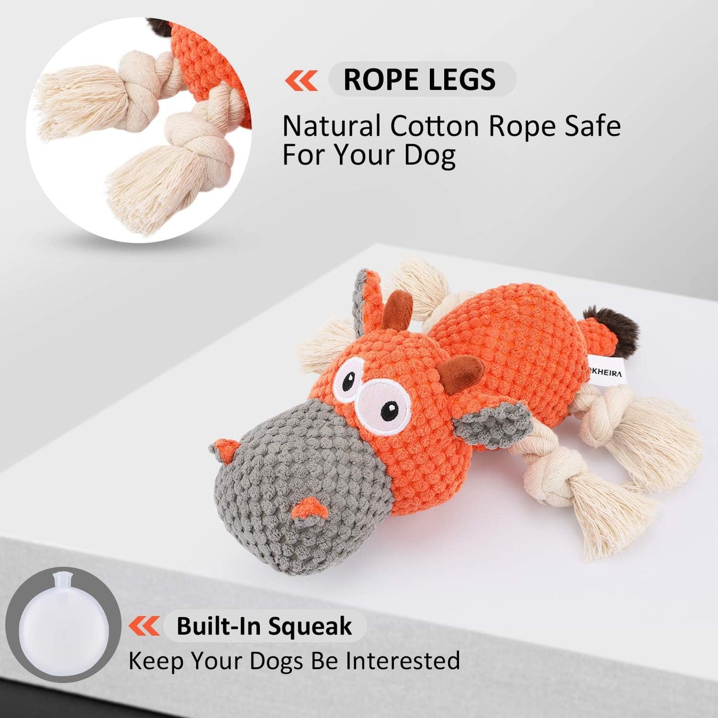 Iokheira indestructible dog squeaky toy showing durable natural cotton rope legs