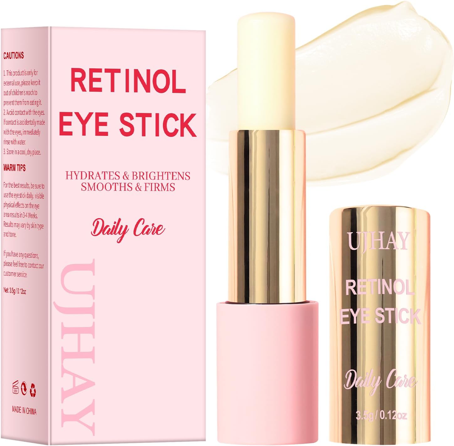 UJhay Retinol Eye Stick packaging front view showing pink and gold details.