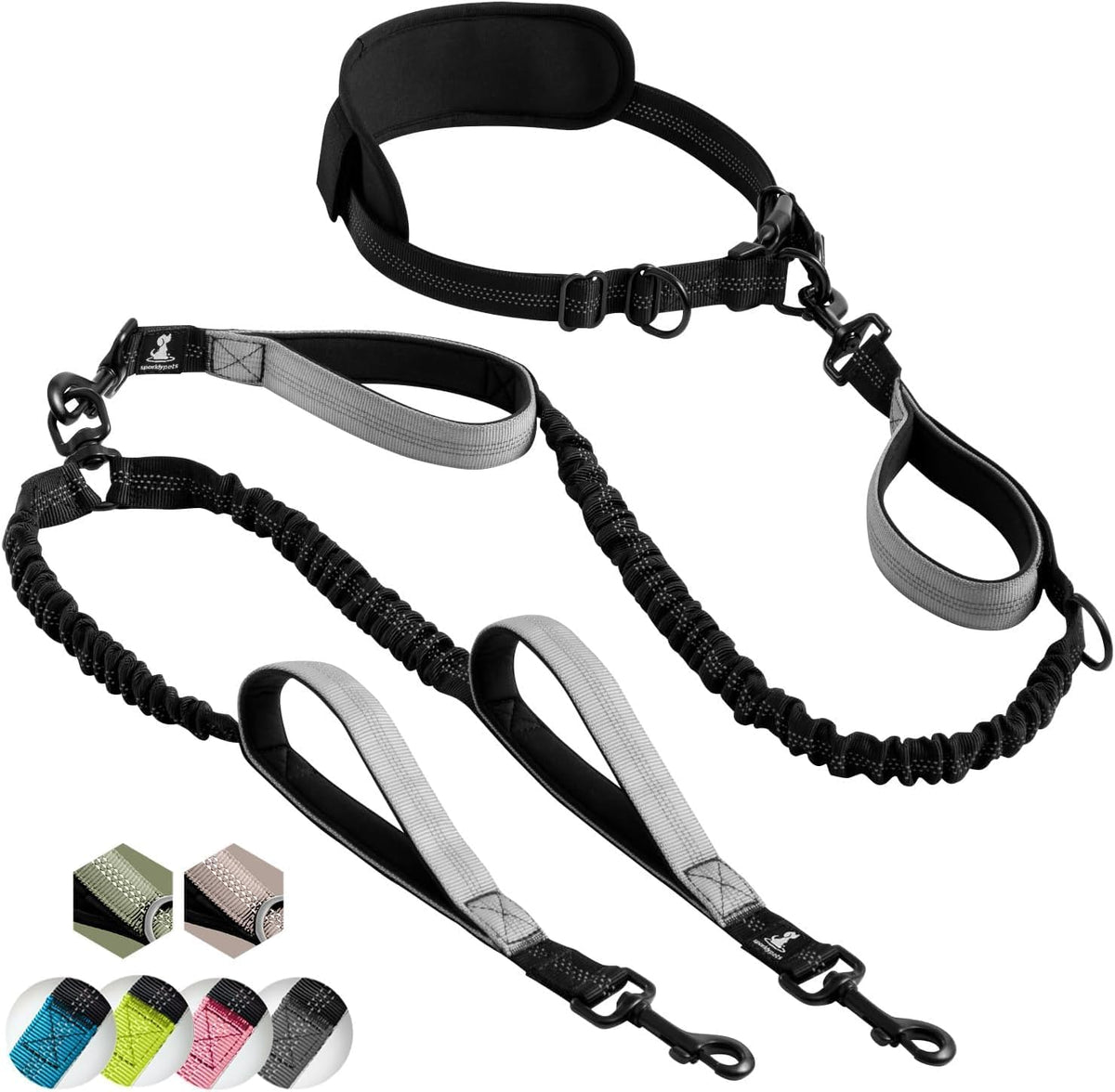 SparklyPets hands free double dog leash front view gray nylon lead for two dogs