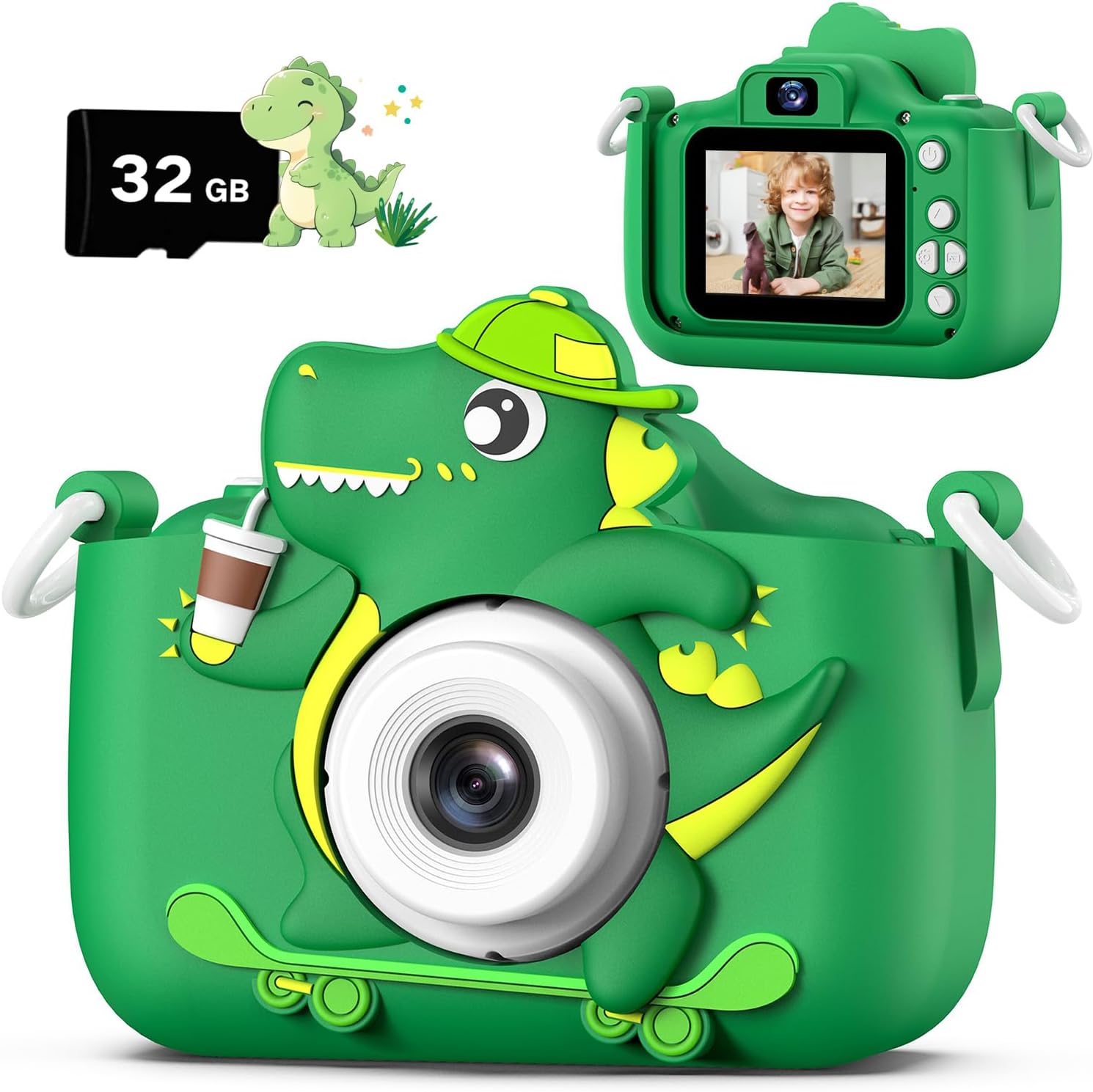 Dwfit upgrade selfie kids digital camera front view showing green dinosaur silicone cover