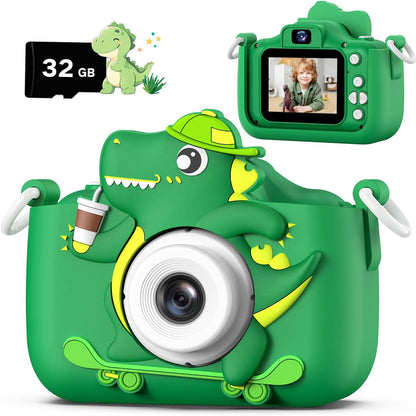 Dwfit upgrade selfie kids digital camera front view showing green dinosaur silicone cover