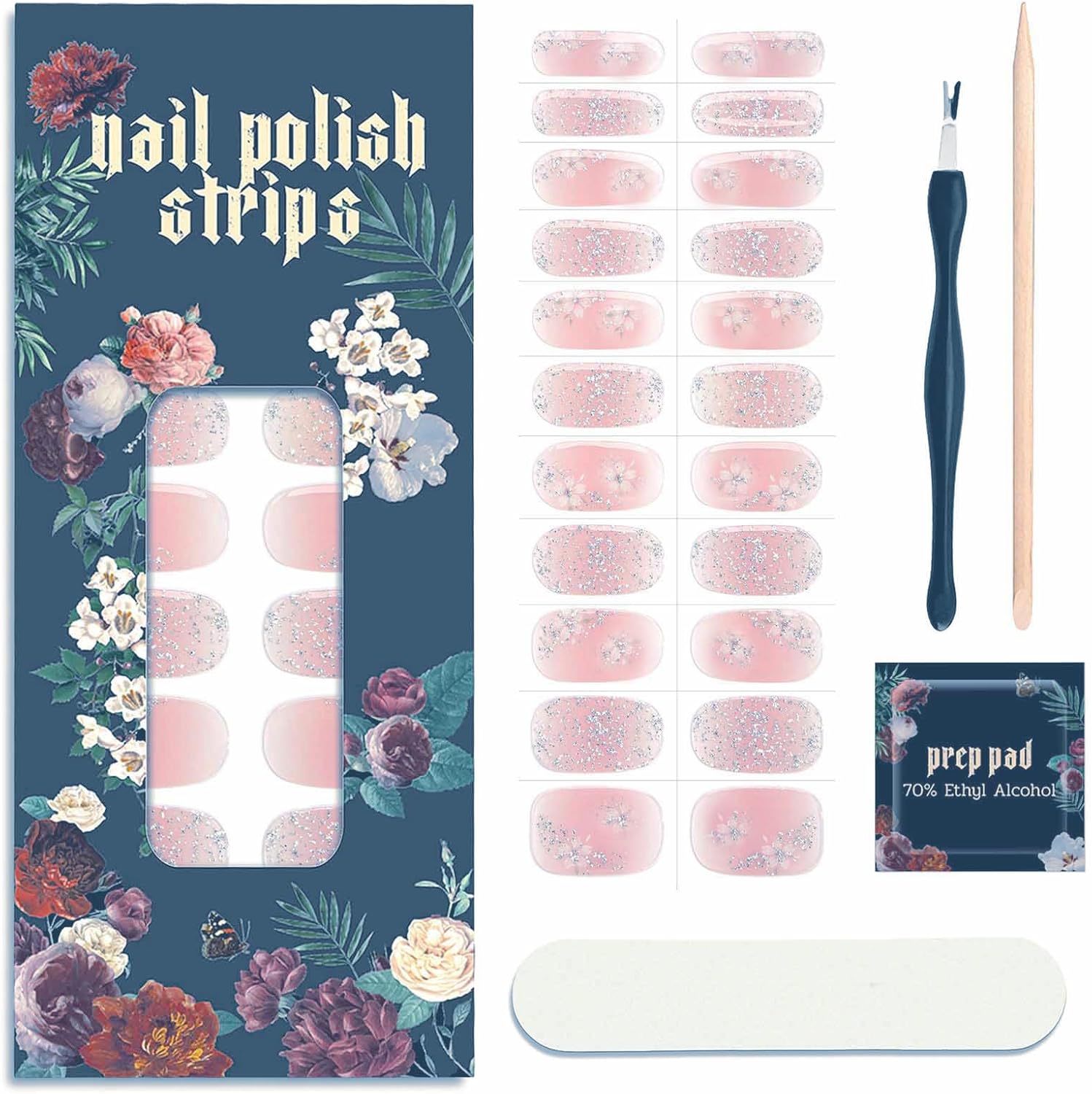 Ruyeefam nail polish strips front packaging view showing ethereal pink pixie dust floral gel stickers