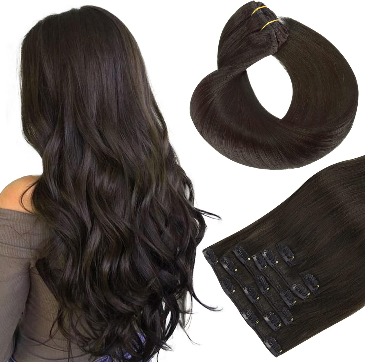 HOTBANANA human hair clip in extensions dark brown front view showing premium seven piece set