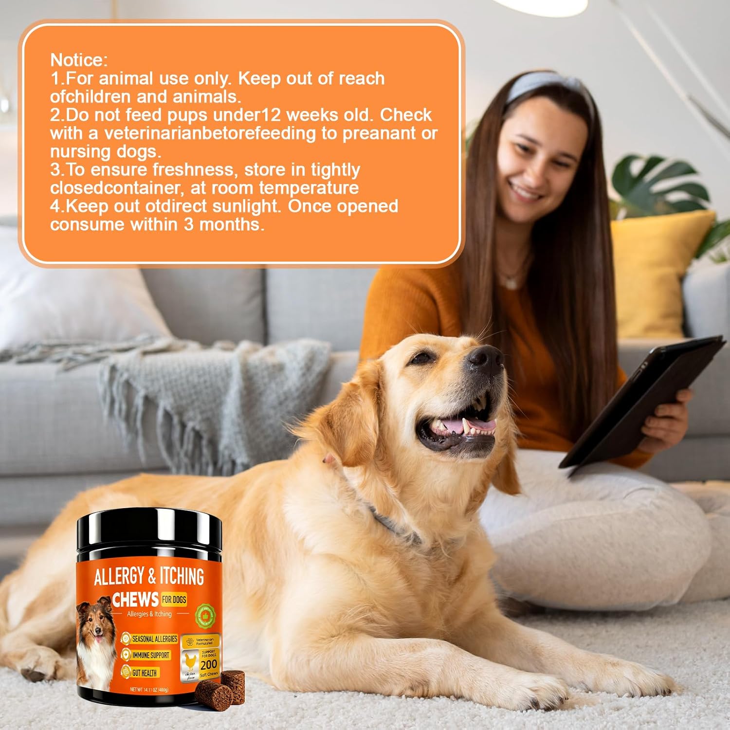 MICHIDOG itch relief for seasonal allergies supplement container with ingredients including colostrum and turmeric.