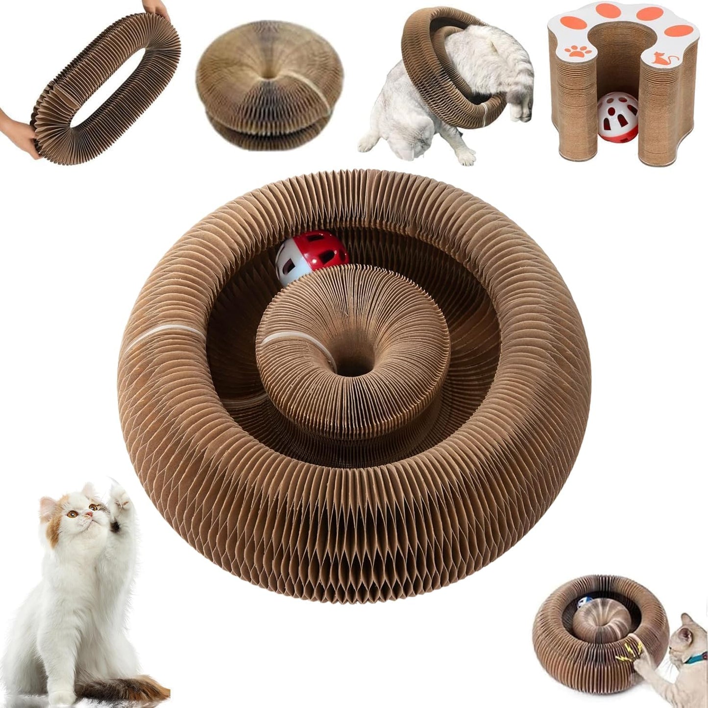 Two pieces of the foldable interactive cat scratching board connected together via magnets.