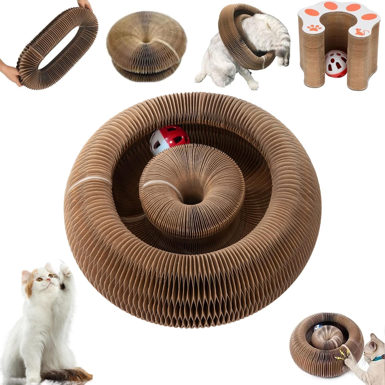 Two pieces of the foldable interactive cat scratching board connected together via magnets.