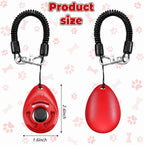 Frienda pet behavioral clickers demonstrating the elastic wristband attachment for hands-free training.