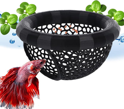 Daelala floating betta hammock front view in black aquarium decor.