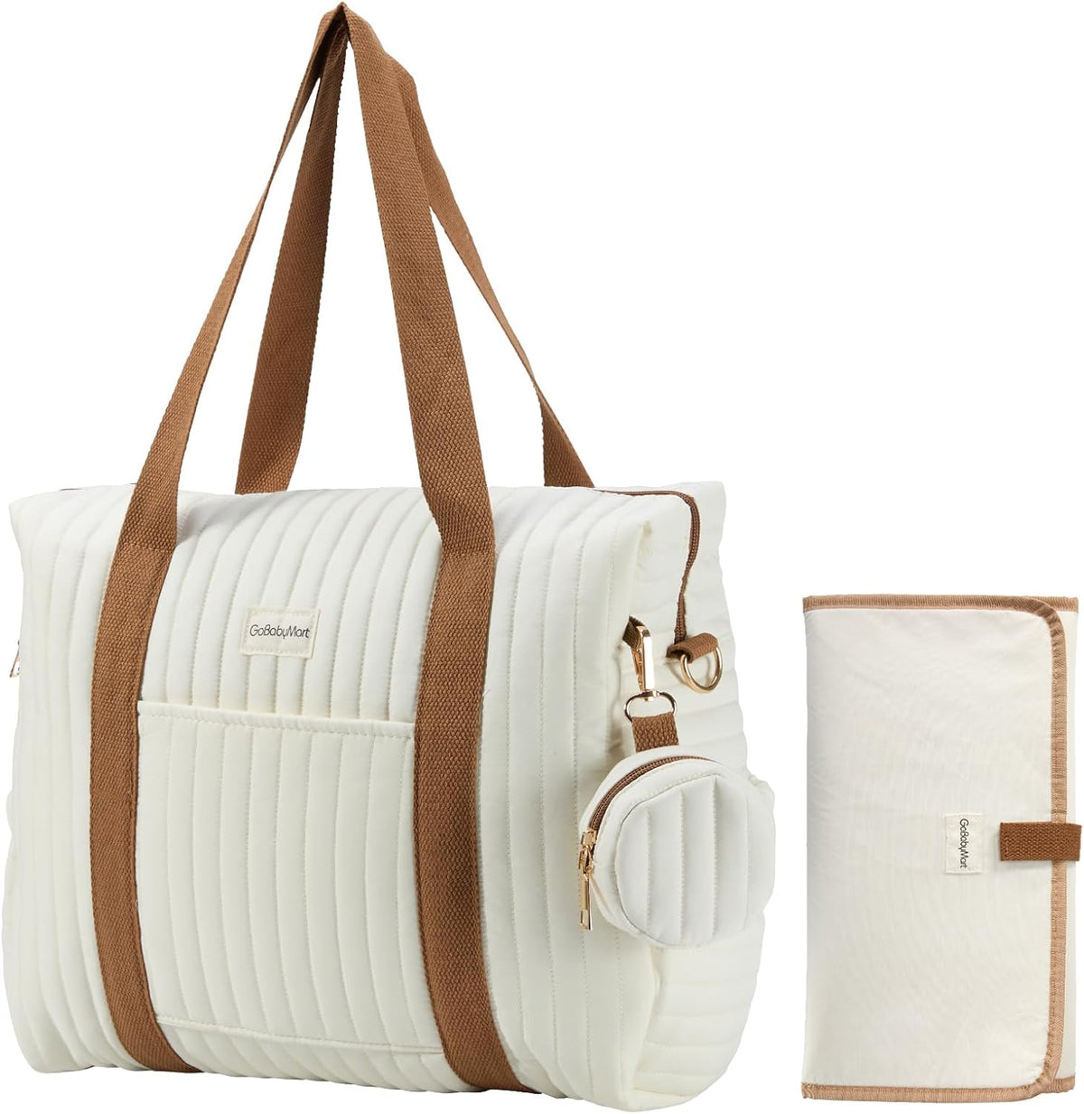 Gobabymart diaper bag tote front view with quilted white fabric