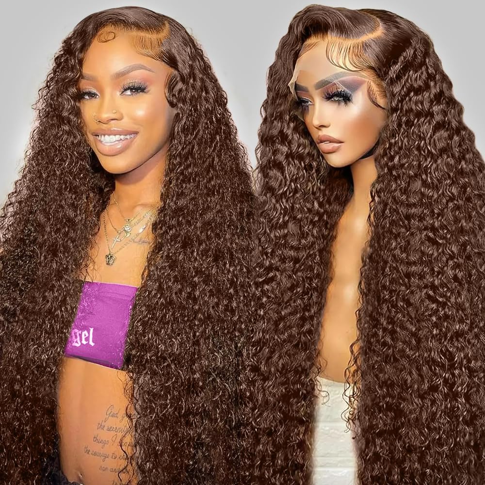 GXTKI chocolate brown human hair wig front view showcasing the 13x6 HD lace frontal hairline
