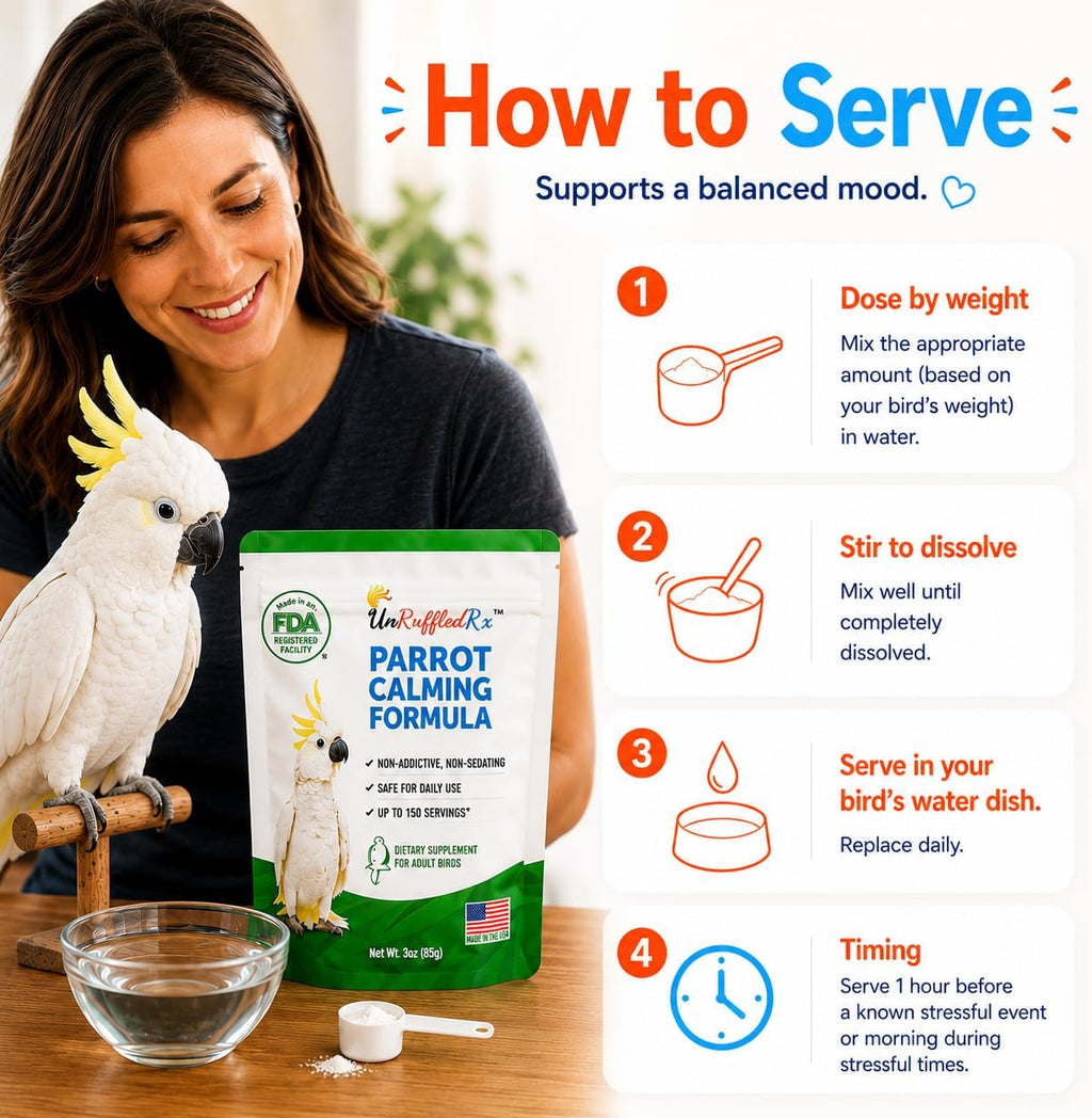 UnRuffledRx Parrot Calming Supplement, L-Theanine & GABA Powder for Parrots, Parakeets, Cockatiels & Pet Birds, USA Made, Third-Party Tested, 3 oz (85g) - Image 9