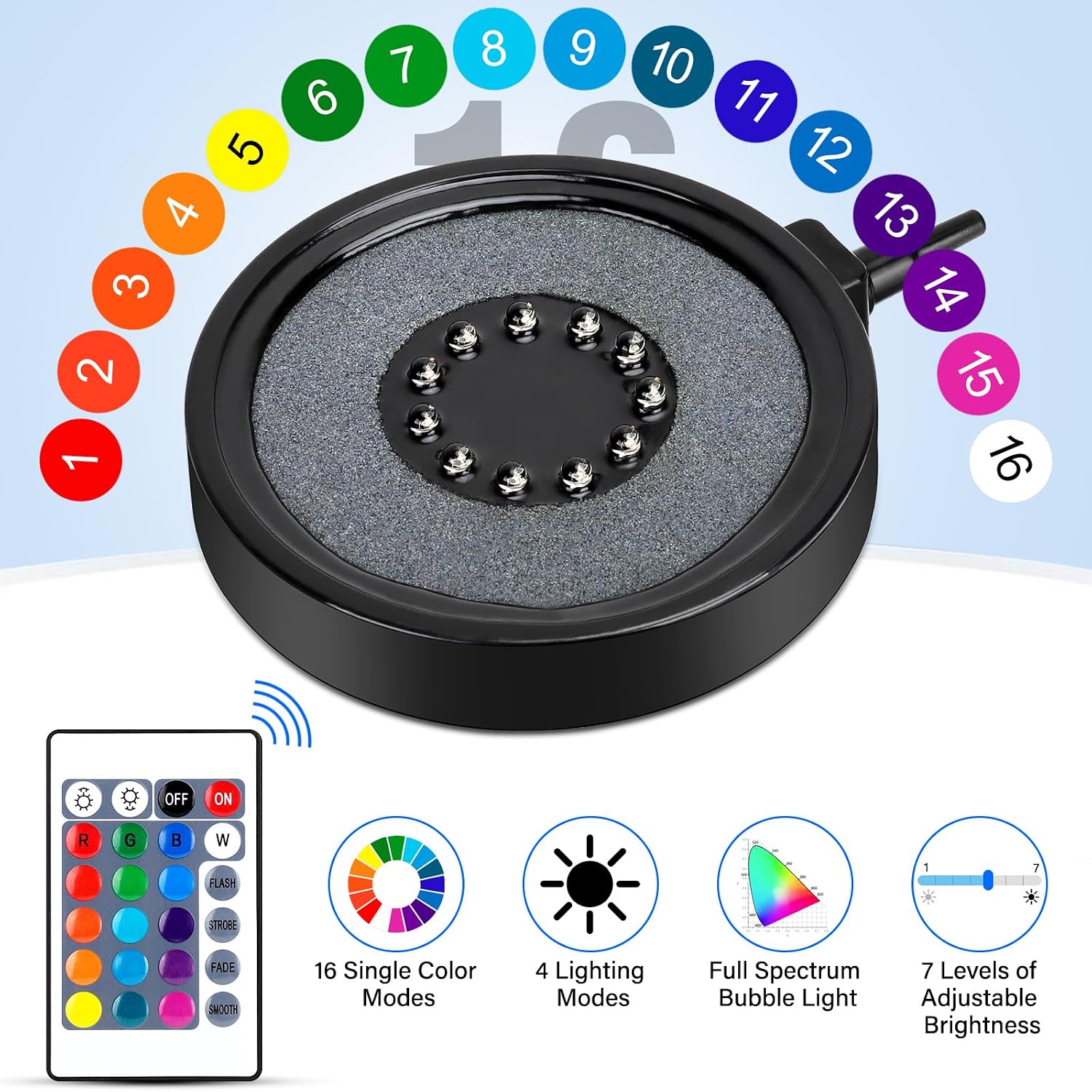 fishkeeper Aquarium Air Bubble Light, LED Fish Tank Bubbler Stone Disk with 11 Super Bright Lamp Beads, 16 Colors and 4 Modes Adjustable for Fish Tank Decoration Oxygenation - Image 2