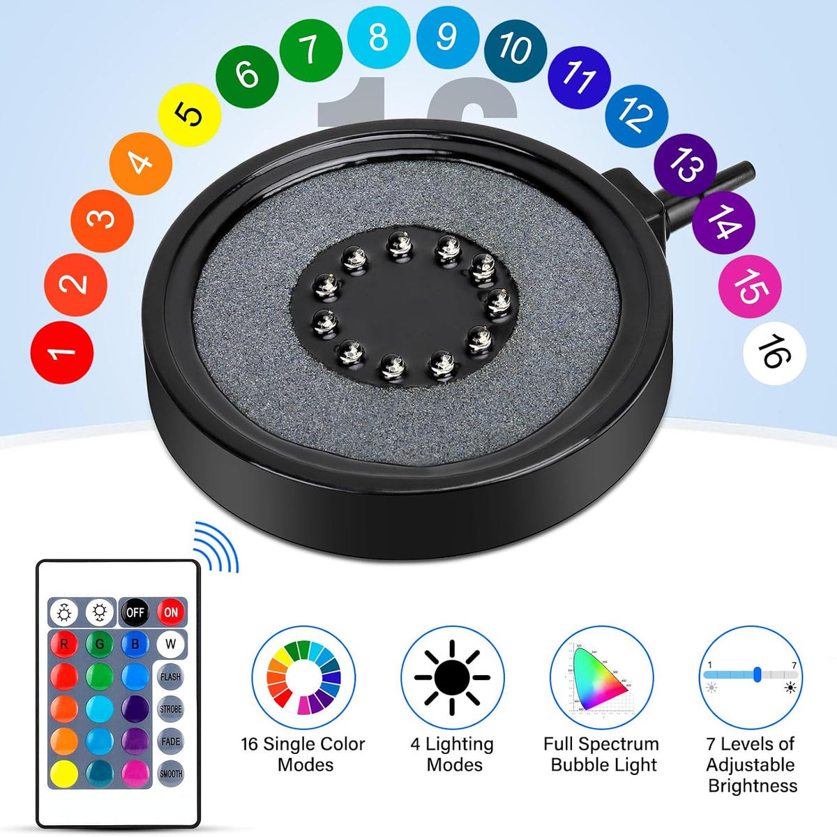 fishkeeper Aquarium Air Bubble Light, LED Fish Tank Bubbler Stone Disk with 11 Super Bright Lamp Beads, 16 Colors and 4 Modes Adjustable for Fish Tank Decoration Oxygenation - Image 2