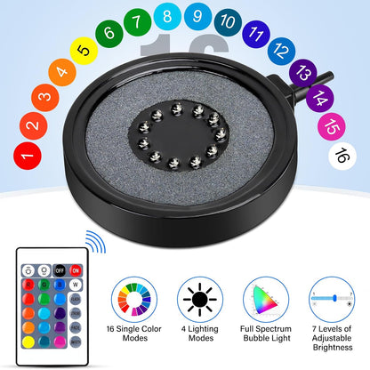 fishkeeper Aquarium Air Bubble Light, LED Fish Tank Bubbler Stone Disk with 11 Super Bright Lamp Beads, 16 Colors and 4 Modes Adjustable for Fish Tank Decoration Oxygenation - Image 2
