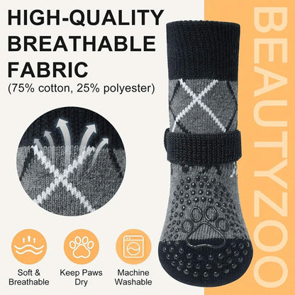 Dog wearing Beautyzoo anti-slip paw protectors on hardwood floor