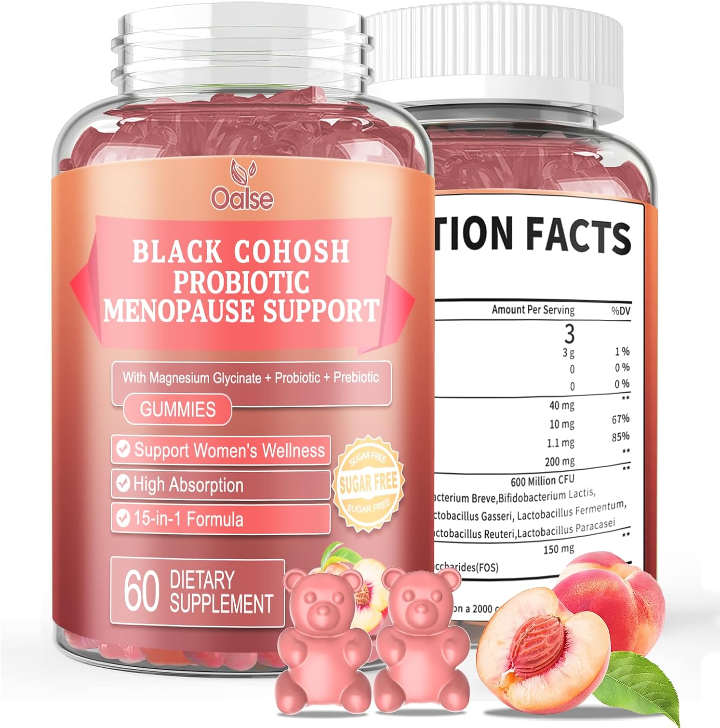 Menopause Supplement for Women Gummies with Black Cohosh Magnesium, Vitamin E, Probiotic & Prebiotic - Hot Flashes* and Night Sweats* Relief Supplements - Vegan, Peach Flavored, 60 Counts - Image 1