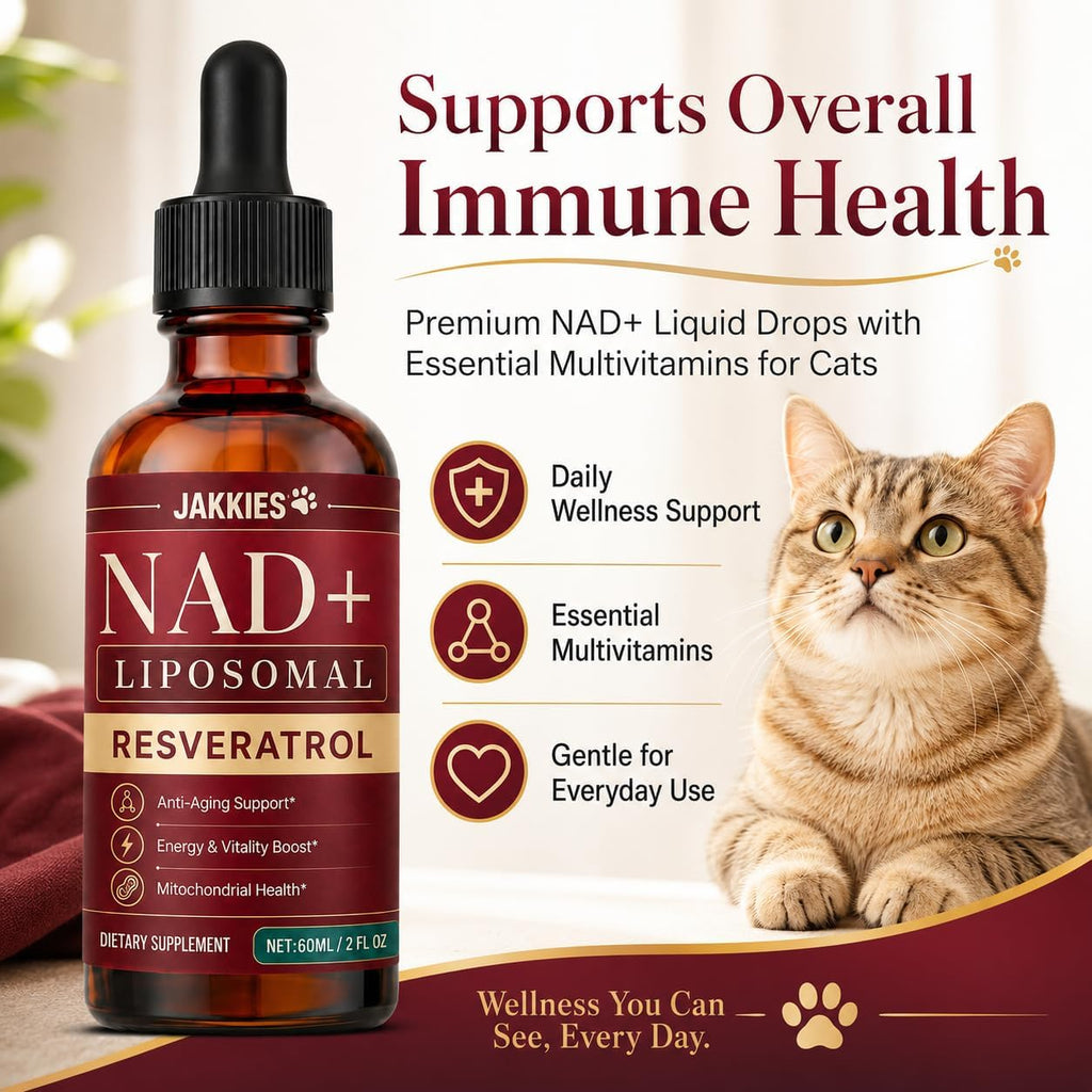 Side label of Jakkies feline cellular health drops showcasing liposomal resveratrol details