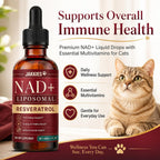 Side label of Jakkies feline cellular health drops showcasing liposomal resveratrol details