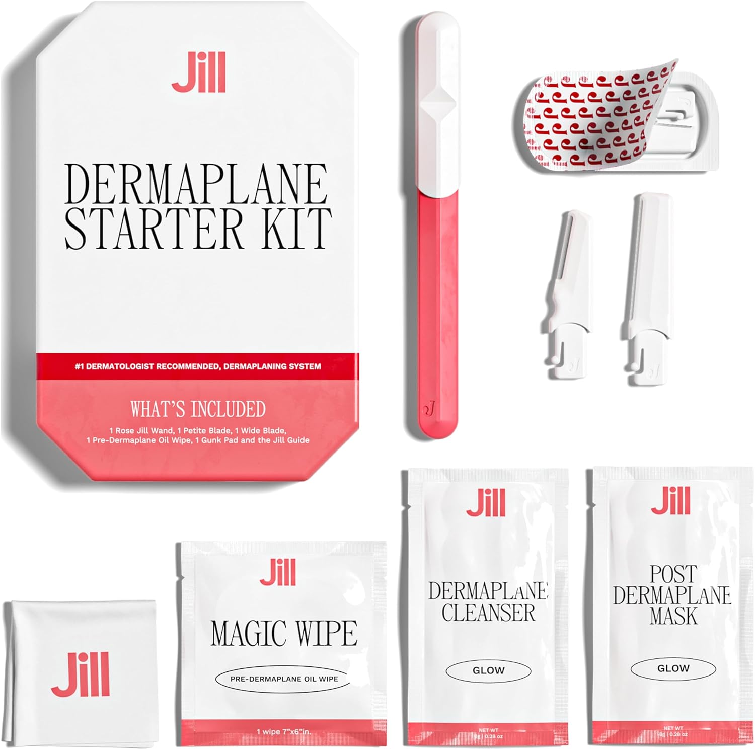 Jill Dermaplane Starter Kit Rose front view containing facial razor handle and blades