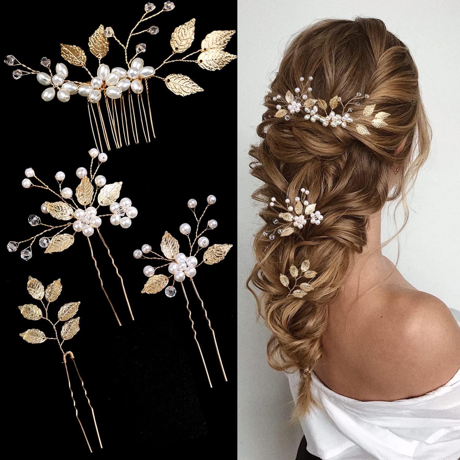 La Jolie Jasmin Bridal Wedding Hair Pins front view of the complete 4 piece gold leaf set