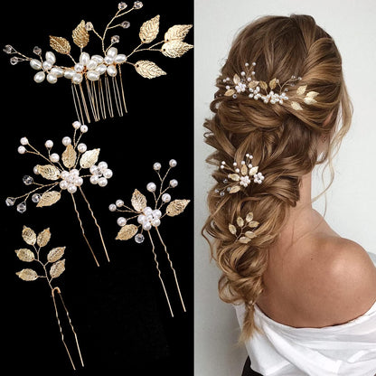 La Jolie Jasmin Bridal Wedding Hair Pins front view of the complete 4 piece gold leaf set