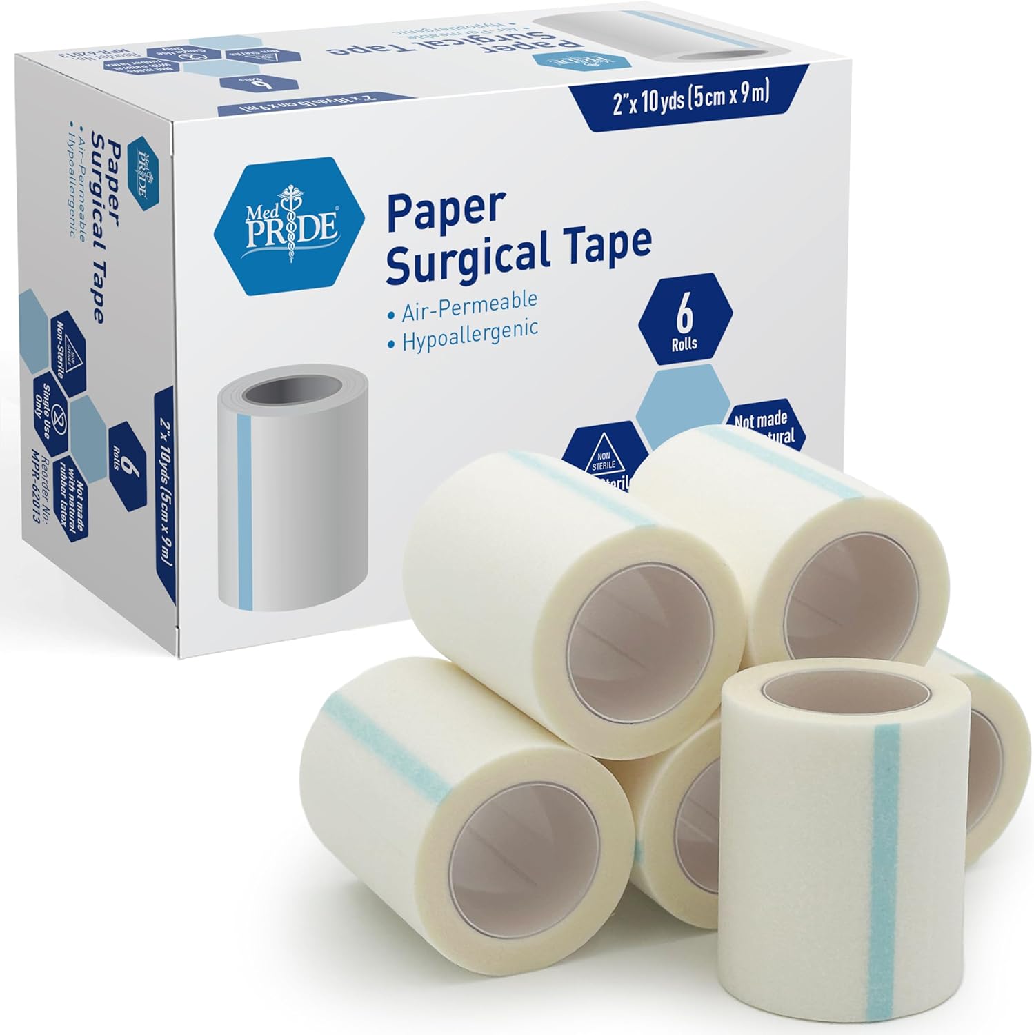 MED PRIDE Hypoallergenic Paper Medical Tape front view of packaging box and rolls for wound care