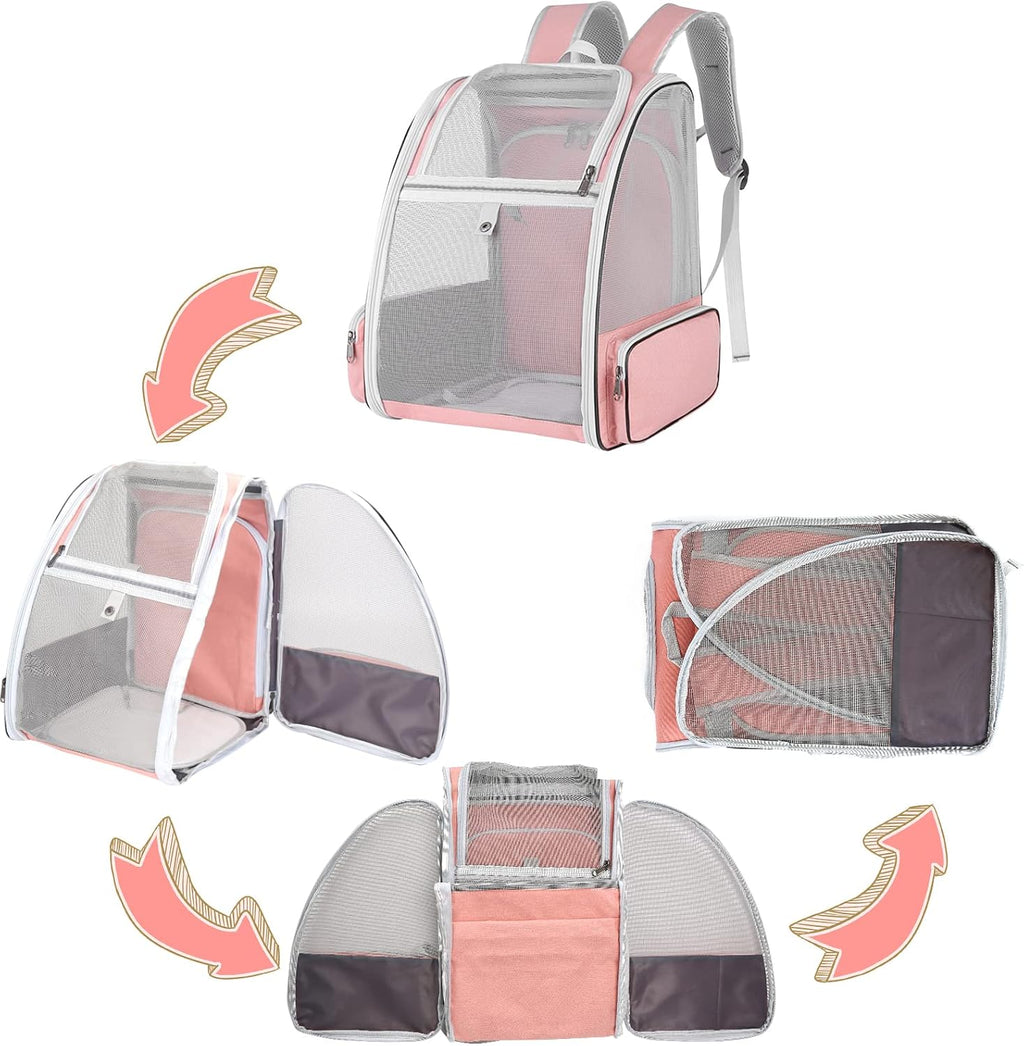 Small dog sitting in pink SSAWcasa pet travel backpack