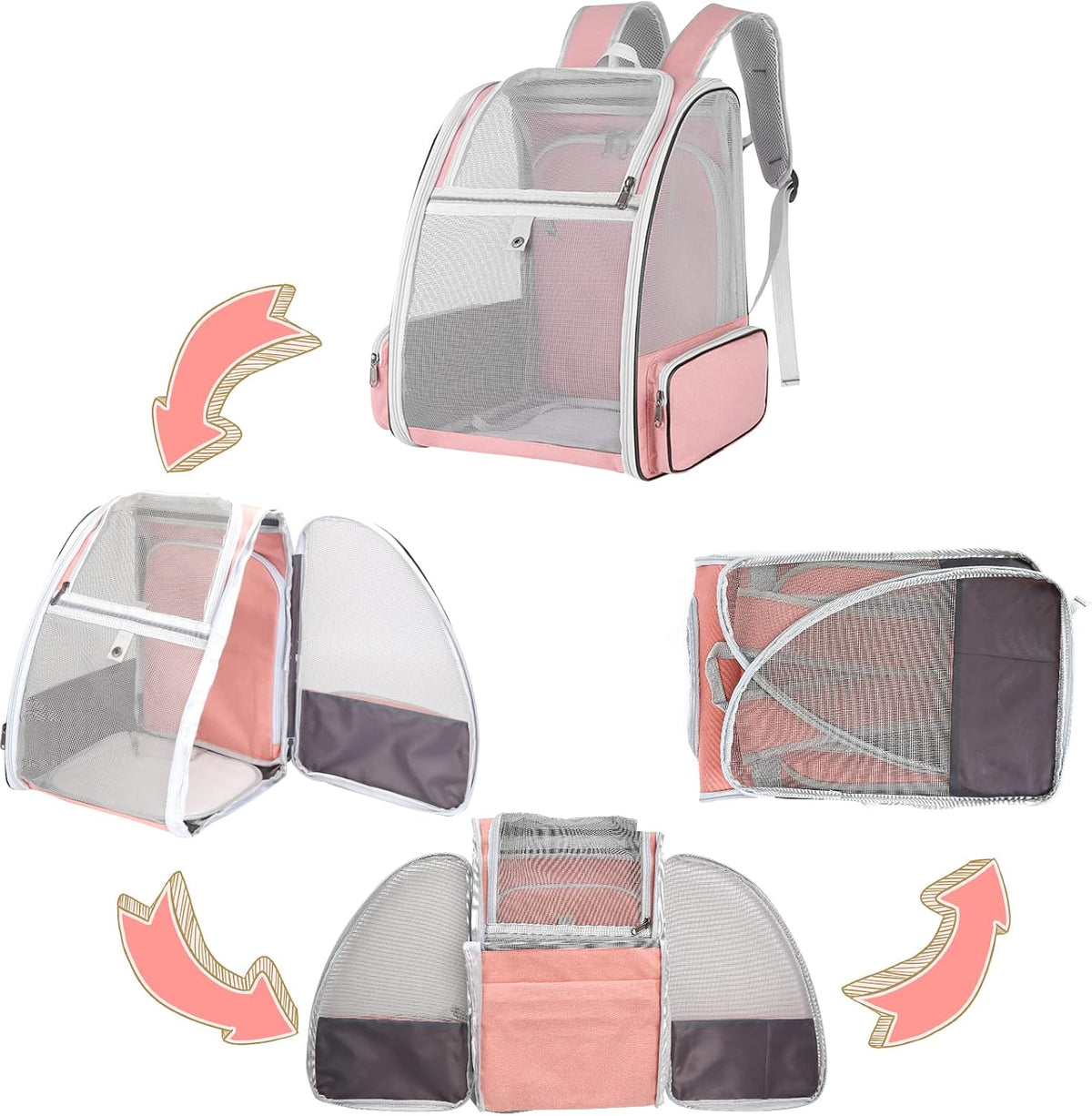 Small dog sitting in pink SSAWcasa pet travel backpack