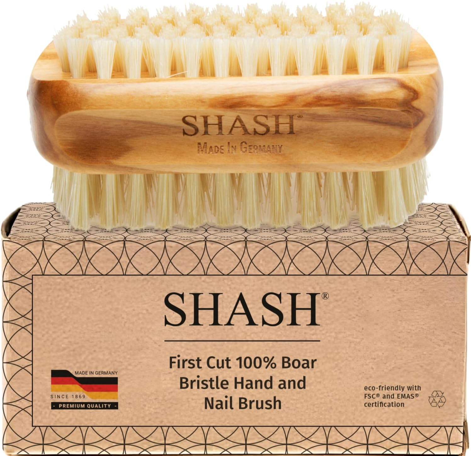 SHASH natural boar bristle nail brush front view showing dual sided bristles and olive wood handle